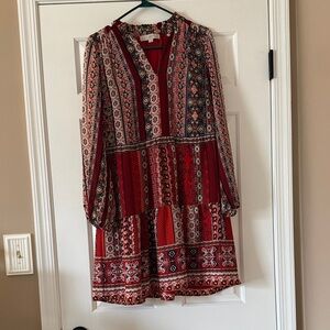 LOFT Red and Black Patterned Long Sleeve Dress